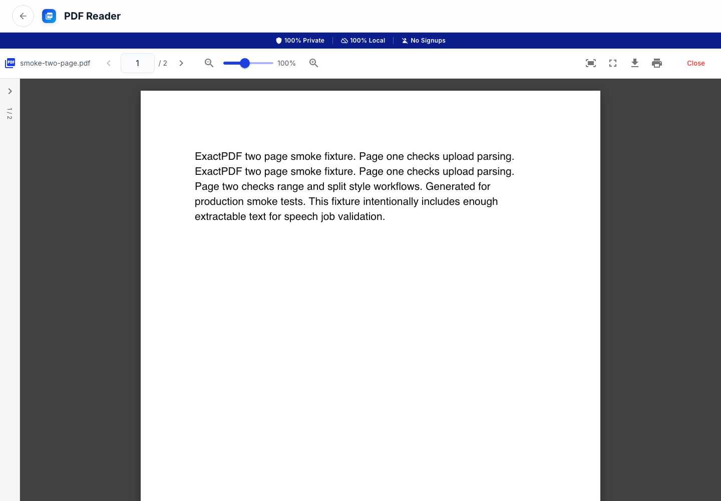 Two-page PDF rendered in ExactPDF Reader during the June 18 2026 test